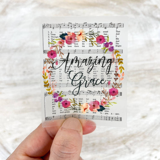 Amazing Grace Hymn, Floral Christian Sticker, 3x3 inch