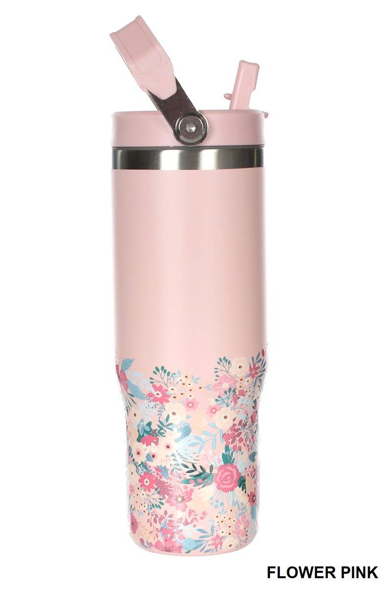30 ox. Stainless Steel Flip Straw Tumbler with Flower Print