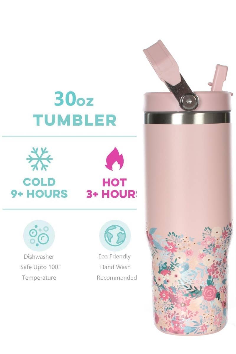 30 ox. Stainless Steel Flip Straw Tumbler with Flower Print