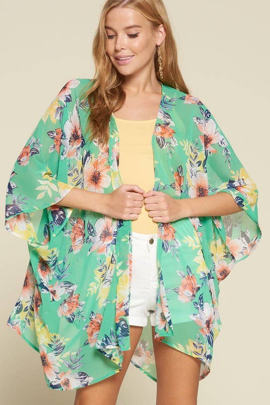 Green Floral Printed Chiffon Kimono {One Size}