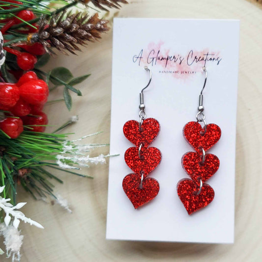 Triple Heart Dangle Acrylic Earrings - Red Glitter