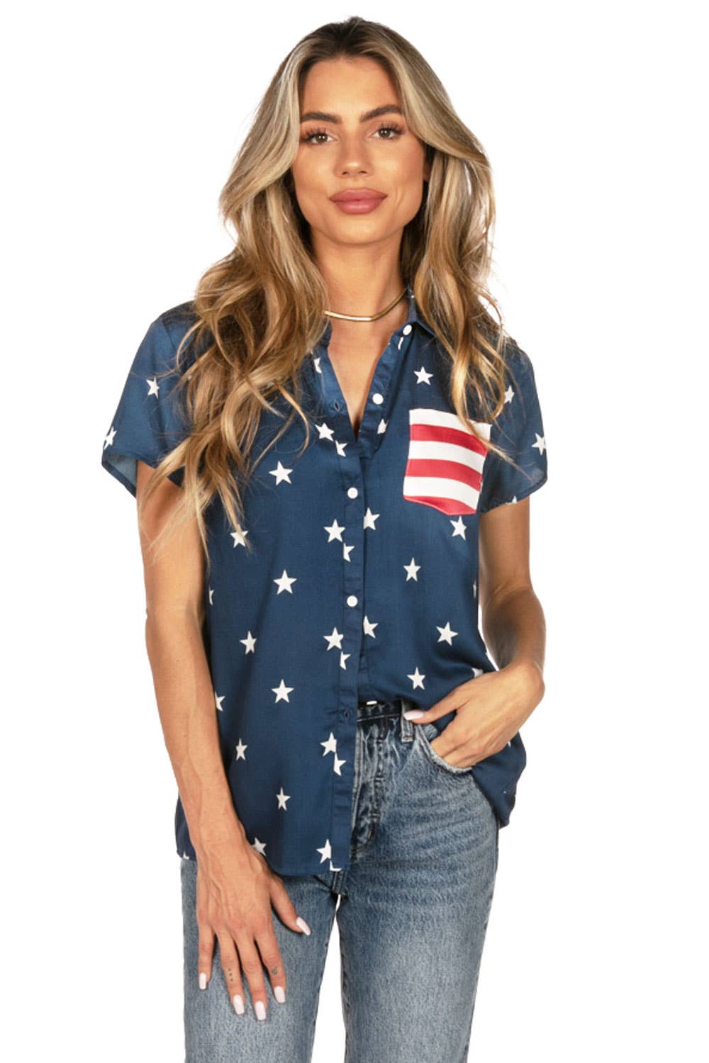 Women's Patriotic Pocket Button Down Shirt